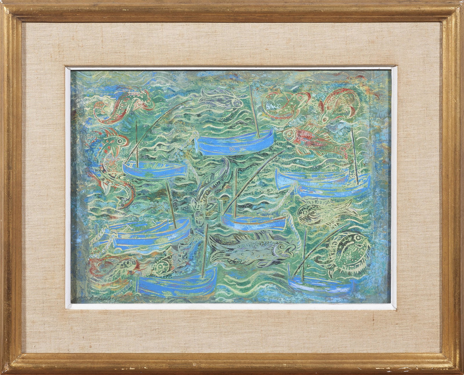 Mixed Media, Greta Ehrnberg: Greta Ehrnberg (Swedish, 1897-1991), "Moored Boats," 1954, mixed media, signed lower right, signed, titled, dated, and dedicated to Jane Runyou verso, overall (with frame): 15.5"h x 19"w