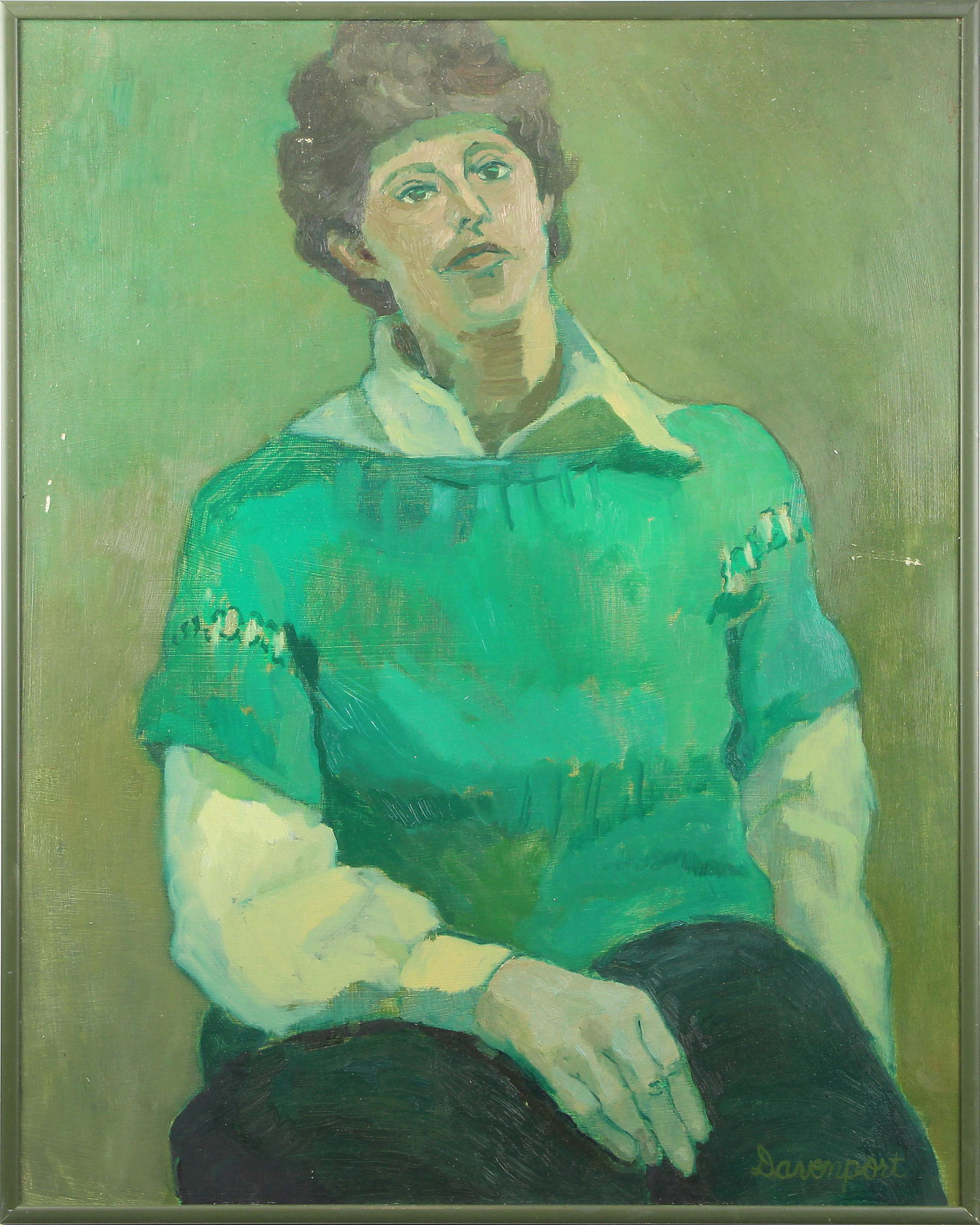 Painting, Jill Davenport: Jill Davenport (American, 20th century), Woman in Green, oil on masonite, signed lower right, overall (with frame): 20.25"h x 16.25"w