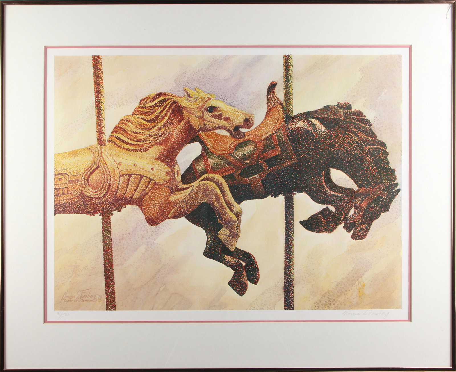 Print, Norma S. Forsberg: Norma S. Forsberg (American, 1920-2000), "Caper on a Carousel," offset print in colors, pencil signed lower right, edition 31/500, overall (with frame): 23"h x 28"w. Provenance: Estate of Sheila Marti