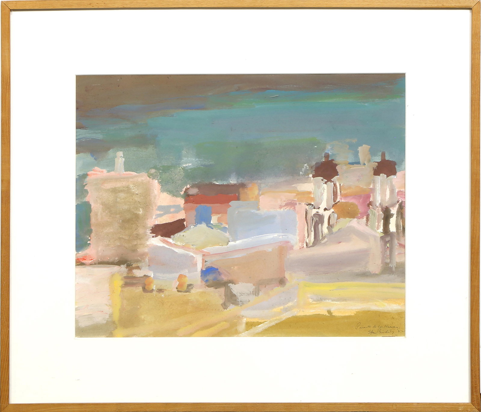Watercolor, Stan Brodsky: Stan Brodsky (American, b. 1925), "Pueblo de Los Neves," 1982, watercolor and gouache on paper, signed, titled, and dated lower right, overall (with frame): 23.25"h x 27"w