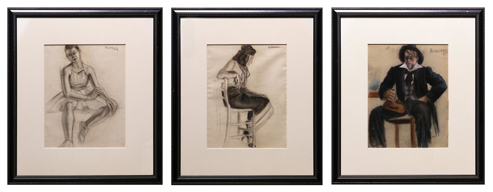Drawings, Toni Stoll Rosenberg: (lot of 3) Toni Stoll Rosenberg (American, 20th century), "Sketch of Woman," pencil on paper, The Gambler, pastel on paper, and Seated Ballerina, graphite on paper, each signed upper right, one galler