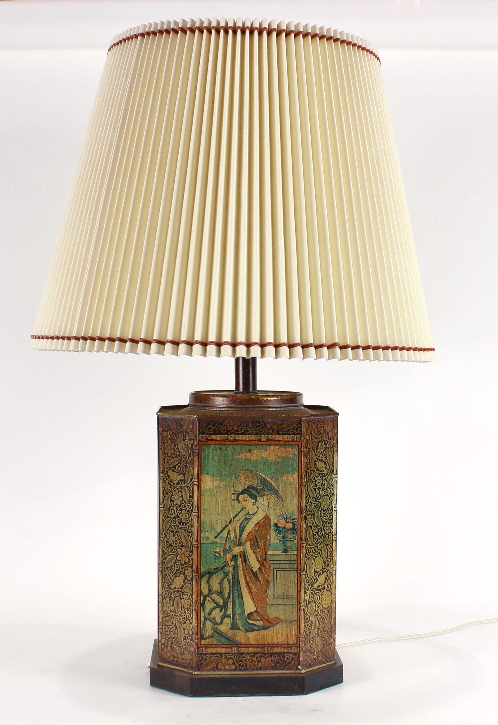 Chinese aluminum tea caddy lamp, with shade, 28"h (1 of 2)