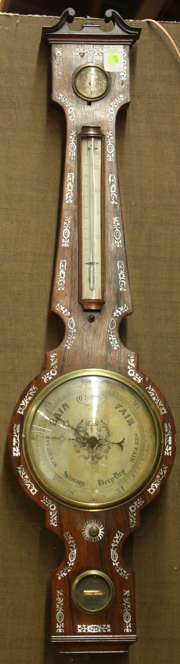 Scottish rosewood banjo barometer/thermometer: Scottish early 19th century rosewood banjo barometer/thermometer, having mother of pearl inlay with plate inscribed: ''J. Davis, Optician, Edinburgh'', 41''h