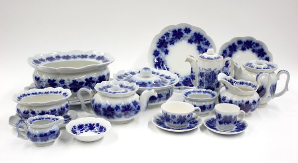 Swedish Gefle Porcelain Flow Blue Transferware: (lot of 82) Swedish ''Gefle'' flow blue transferware, late 19th century. Consisting of: 12 dinner plates, 8 salad plates, 10 berry bowls, covered vegetable, 2 tea pots and 1 lidded coffee pot, sugar a