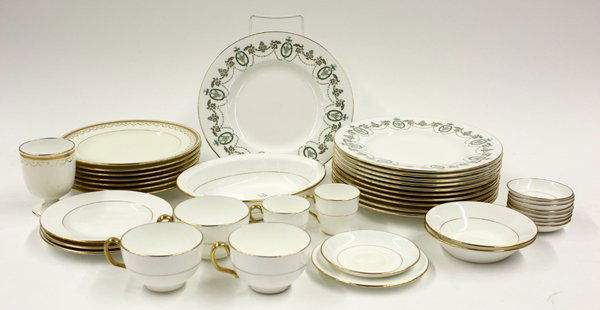 Assembled Minton's porcelain: (lot of 45) Assembled Minton's porcelain, set of 12 Adams style dinner plates, 7 gold rim dessert plates, 3 teacups, and 3 bread plates, egg coddler, 8 butter pats, 2 demitasse cups with one saucer, o