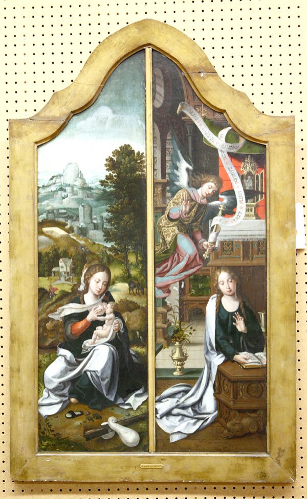 Diptych, P. van Aelst, Annunciation, Rest Egypt: Framed oil on panel diptych, The Annunciation and The Rest on the Flight into Egypt, workshop of Pieter Coecke van Aelst the Elder (Flemish, 1502-1556), overall: 47.75''h x 29.625''w, sight, each pane