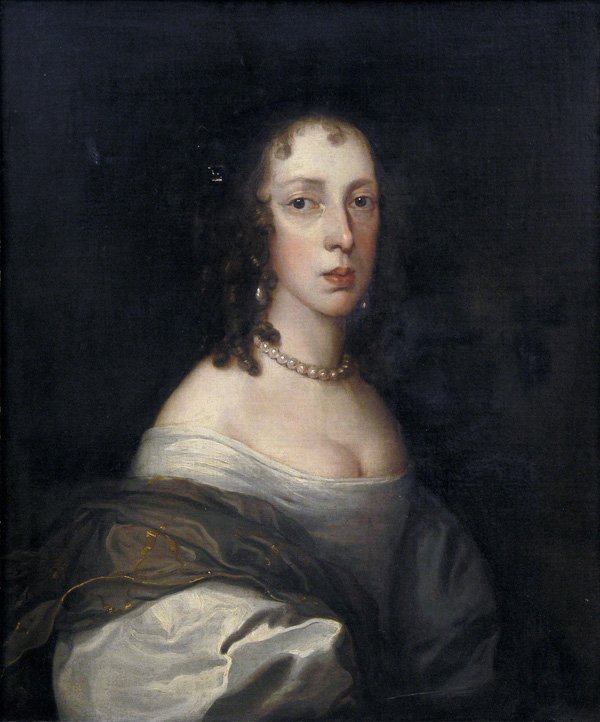 painting, follower of Theodore Russell, Henrietta: Framed oil on canvas, Portrait of Queen Henrietta Maria, follower of Theodore Russell (British, 1614-1689), labels affixed verso, sight: 29''h x 24''w, overall: 36.75''h x 32''w. Additional paperwork 