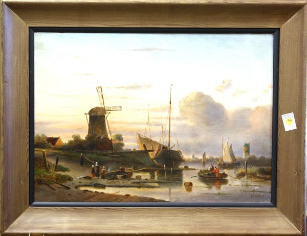 painting, J.C. Corver, Dutch: Framed oil on canvas, Busy Port, by J.C. Corver (Dutch, 19th Century), signed ''J.C. Corver'' lower right, sight: 18''h x 25''w, overall: 24.75''h x 32''w