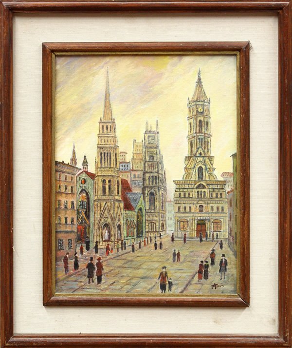painting, Alberto Conti, Philadelphia: Framed oil on canvasboard, ''Old Philadelphia, South Broad St.,'' by Alberto Conti (Californian, 1895-1982), signed ''A. Conti'' lower right, label affixed verso, sight: 15.5''h x 11.5''w, overall: 22