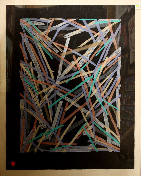 Woodcut, Charles Arnoldi, Untitled Abstract: Framed color woodcut on black paper, Untitled, 1983, by Charles Arnoldi (American, b.1946), pencil signed and dated ''Arnoldi 1983'' lower right, pencil numbered 17/70 lower left, sheet: 46.75''h x 36