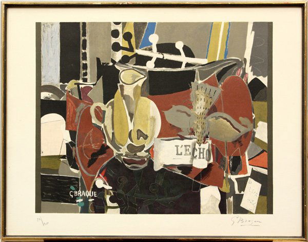 Litho, Georges Braque, L'Echo: Framed color lithograph, ''L'echo,'' (1960), after Georges Braque (French, 1882-1963), pencil signed ''G Braque'' lower right, numbered 21/300 lower left, published by Maeght, image: 19.7''h x 24.8''w