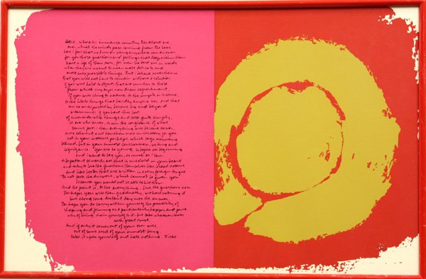 Serigraph, Sister Mary Corita Kent, Rilke: (lot of 2) Framed serigraphs, Excerpts from Rainer Maria Rilke's Letters to a Young Poet, by Mary Corita Kent (Californian, 1918-1986), both signed ''Corita'' lower right, each sight: 21.75''h x 33.5'