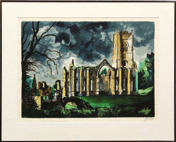 Screenprint, John Piper, Yorkshire: Framed screenprint, ''Fountains Abbey, Yorkshire,'' by John Piper (British, 1903-1992), pencil signed ''John Piper'' lower right, numbered 56/150 lower left, image: 17.625''h x 24.5''w, overall: 26.25