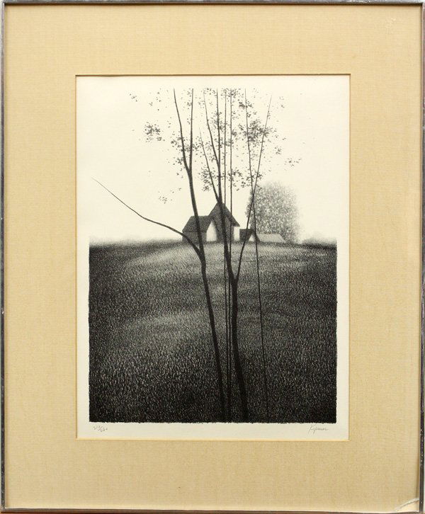 lithograph, Robert Kipniss, Trees: Framed lithograph, Trees and Cottage, by Robert Kipniss (American, b. 1931), pencil signed ''Kipniss'' lower right, numbered 210/260 lower left, plate: 13.5''h x 10''w, overall: 20.75''h x 17.125''w