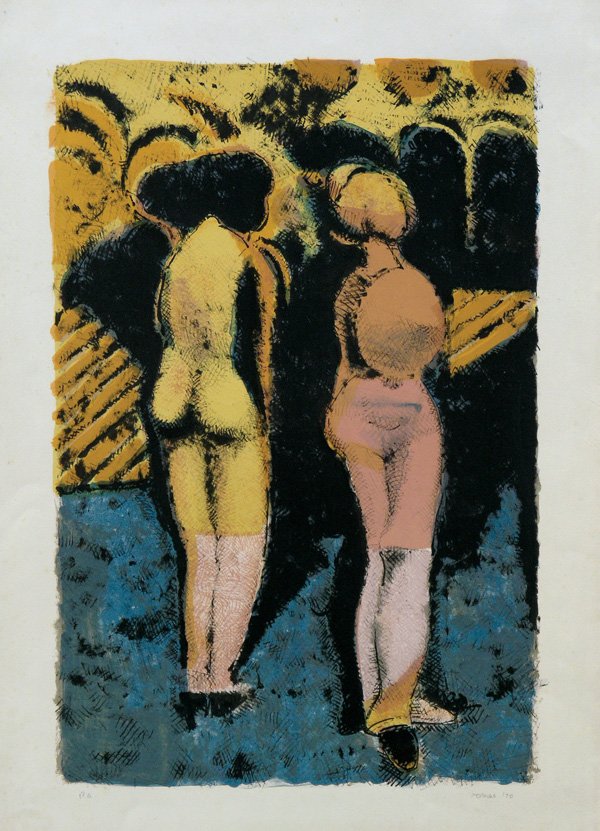 lithograph, Armando Morales, Figuras: Unframed color lithograph, ''Figuras,'' by Armando Morales (Nicaraguan, b. 1927), pencil signed and dated ''Morales '70'' lower right, inscribed ''P.A.'' lower left, image: 23.625''h x 15.625''w, shee