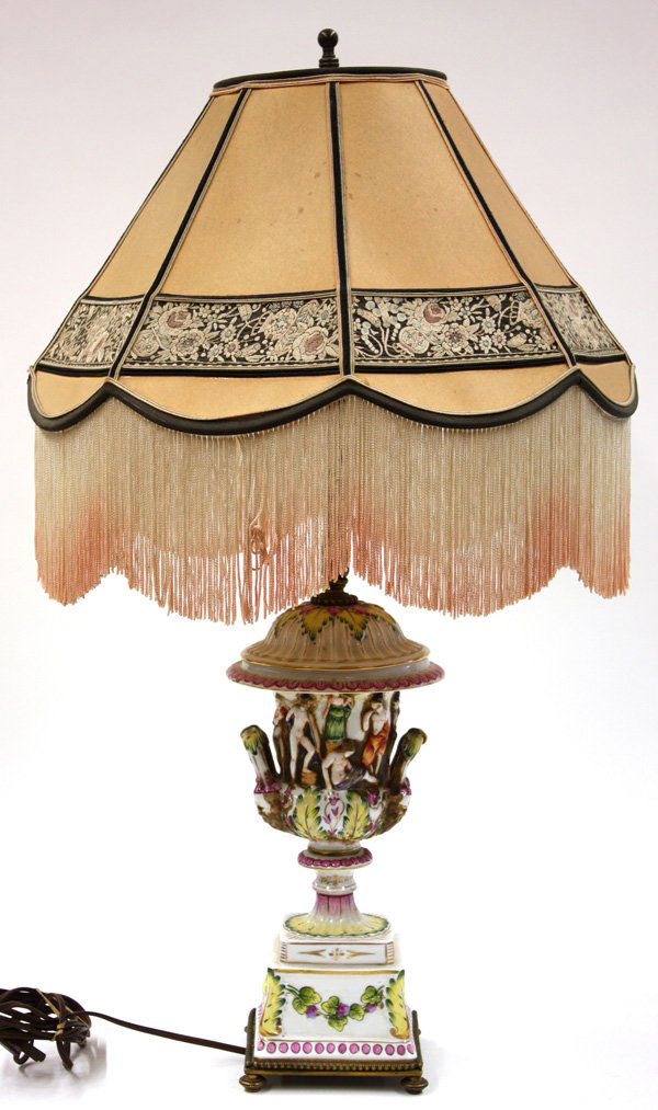 Capodimonte urn mounted as a lamp: Capodimonte urn mounted as a lamp with fringed shade, 28''h