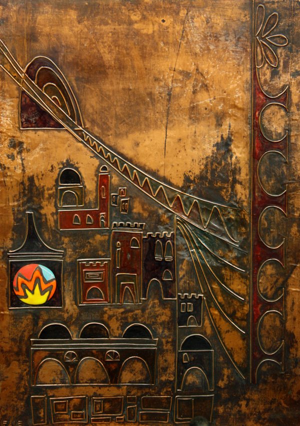 crafted copper panels with enamel in relief