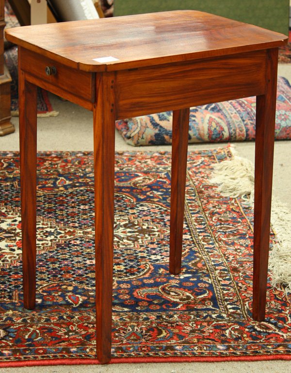 Federal one drawer birch or maple stand: Federal one drawer birch or maple stand, top having flame decoration with cut-out corners, the whole rising on square taper legs, 26'' x 14.5'' x 21''