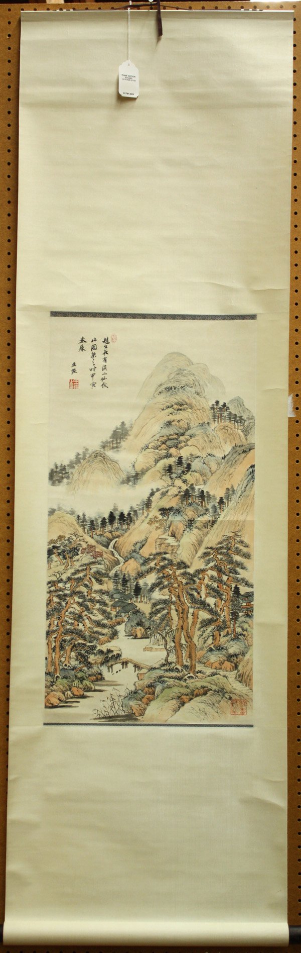 Chinese Scroll, Wang Jian, Landscape: Chinese hanging scroll, Landscape, after Wang Jian (1598-1677), upper left with a colophon, bears signature 'Wang Jian' and cyclical date 'jiayin', along with three seals, overall: 70''h x 21''w, 30.5