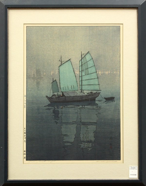 Japanese Modern Print, Hiroshi Yoshida, Sailboats: Framed Japanese oversize woodblock print, by Hiroshi Yoshida (1887-1950), entitled 'Sailing Boats - Night'/Hobune yoru [Ogura #45], from the Setonaikai/Inland Sea series, dated Taisho 15 (=1926), with