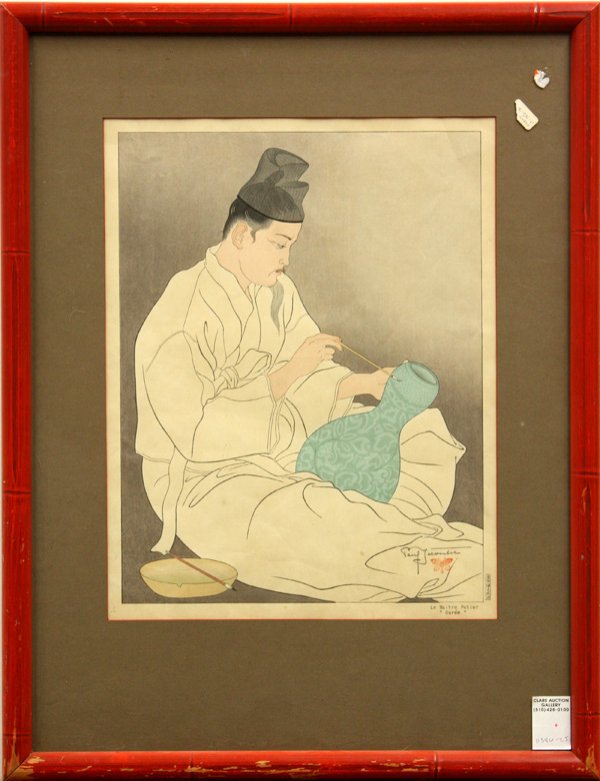 Framed Woodblock Print, Jacoulet: Framed woodblock print, by Paul Jacoulet (1902-1960), entitled Le Maitre Potier, Coree (The Master Potter, Korea) [Miles #69], issued 22 September 1940, butterfly seal and pencil signature lower right