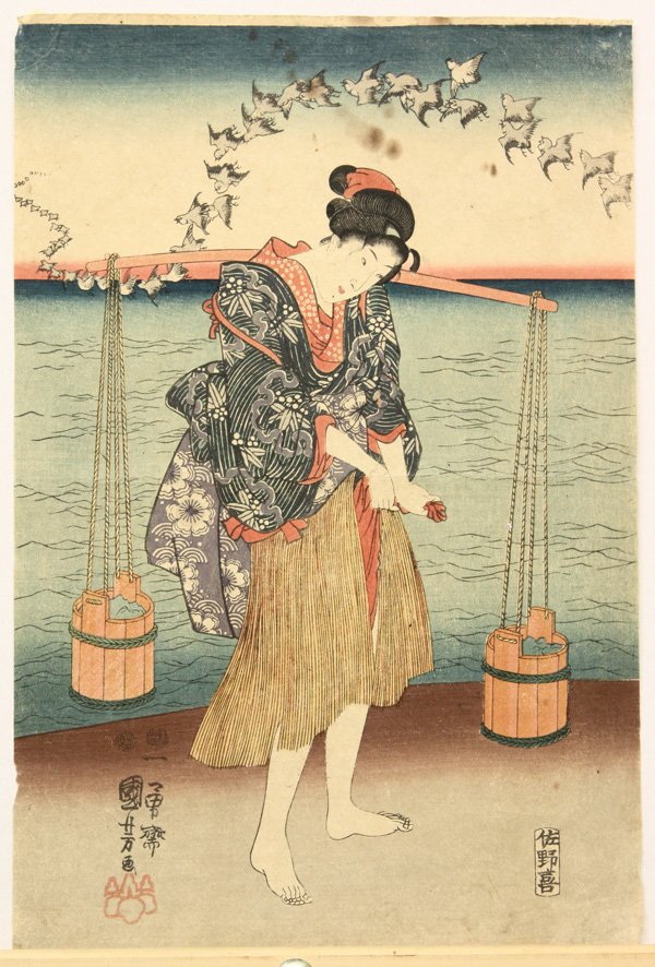 Japanese Woodblock Prints, Kuniyoshi: (lot of 2) Unframed Japanese woodblock prints by Utagawa Kuniyoshi (1797-1861), depicting Matsukaze and Murasame gathering salt on the seashore at Suma, signed Ichyusai Kuniyoshi ga, with two nanushi 