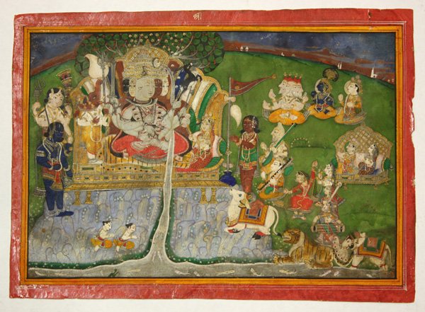 East Indian Miniature Painting: East Indian miniature manuscript painting, 18th century, gouache and ink on paper, Pahari school, depicting Shiva in his Panchanana, or five-head manifestation seated on a mountain top and surrounded