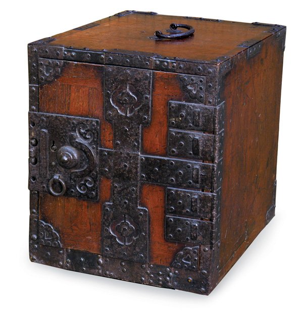 Japanese Ship's Chest (Funa Dansu), Edo: Japanese wood funa-dansu (traveling chest for on-board a ship), 18th/19th Century, the portable cabinet with extensive iron fittings and locking hinged door opening to a stack of two drawers above a s
