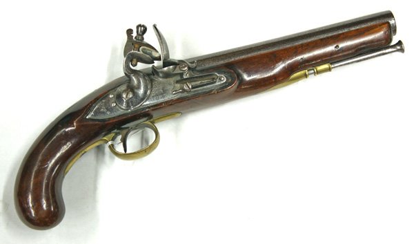 British Flintlock pistol: British Flintlock pistol with ramrod. Marked ''GR'' under British crown, and stamped: ''Tower'' 9'' barrel 13/16'' bore, similar to ''Brown Bess'' musket with walnut stock and brass trigger guard, etc