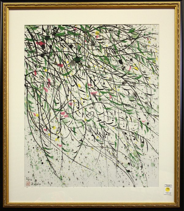 Chinese Painting,after Wu Guanzhong, Willow: Framed Chinese painting, Willow, after Wu Guanzhong (b. 1919), ink and color on paper, lower left dated '97 yuan yue' (=1997 first month), bears the signature 'Wu Guanzhong', sealed 'Tu', overall: 37 