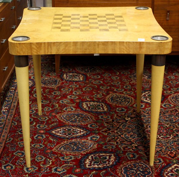 Gilbert Rohde Paldao Game table, by Herman Miller: Gilbert Rohde Paldao Game table, by Herman Miller, c.1940, burled wood top with inlaid checkerboard and recessed ashtrays/cupholders with removable aluminum cups and metal screens, tapered legs with b