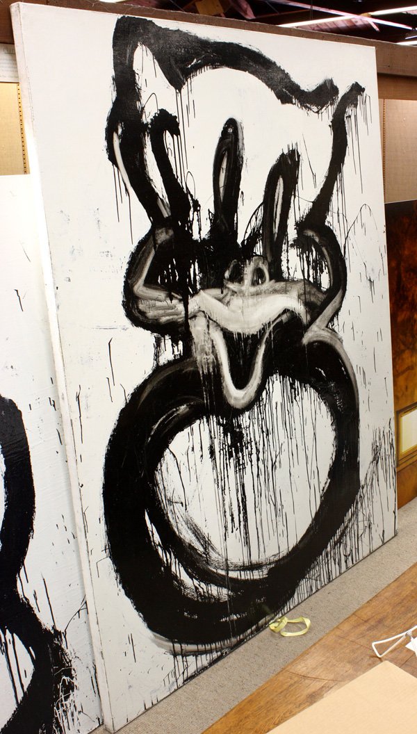 Painting, Joyce Pensato, Porky, DAM: Unframed enamel on canvas, Untitled (Porky), 1996, by Joyce Pensato (American, Contemporary), signed and dated ''Joyce Pensato 1996'' verso, overall: 90''h x 72''w. Denver Art Museum Deaccession.