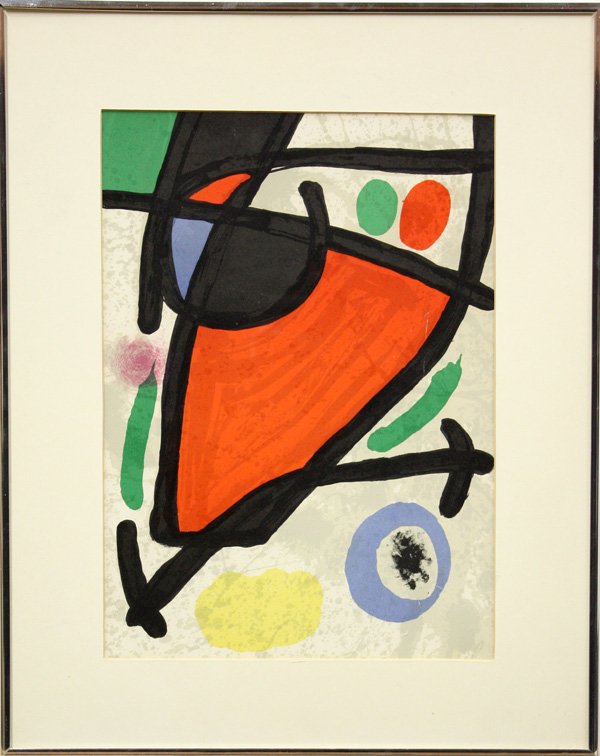 Litho, after Miro, from Derriere le miroir: (lot of 2) Framed color lithograph, from ''Derriere le miroir,'' (1971), after Joan Miro (Spanish/French, 1893-1983), label verso reads ''larger edition after the signed edition of 150,'' sight: 14.5'