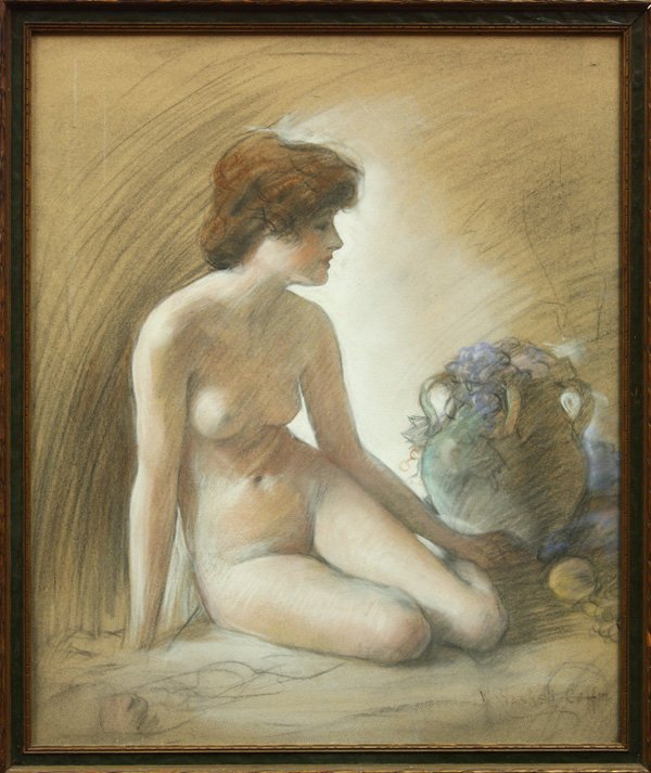 Drawing, William Haskell Coffin, Seated Nude: Framed pencil and chalk drawing, Seated Nude (possibly his wife, Frances Starr), by William Haskell Coffin (American, 1878-1941), signed ''W. Haskin Coffin'' lower right, sight: 22.25''h x 18.5''w, ov