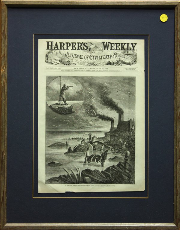 Wood engravings, Whale Hunting, Harper's Weekly: (lot of 2) Framed wood engravings, Illustrations and Pages from an Article on a Whaling Station in California from Harper's Weekly, June 23, 1877, overall: 23''h x 18''w