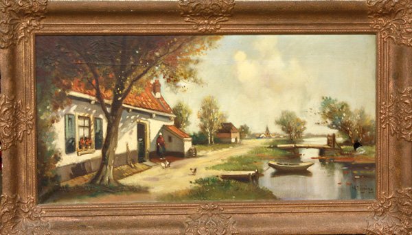 Painting, Chickens, Village, River