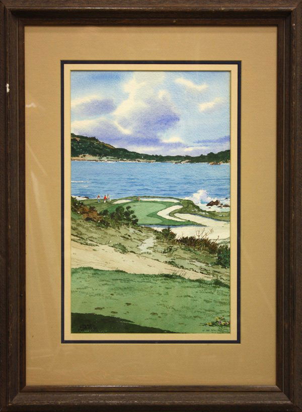 Watercolor, James March Phillips, Pebble Beach, Ca: Framed watercolor, Pebble Beach, Carmel, by James March Phillips (Californian, 1913-1981), overall: 31.38''h x 22 .88''w