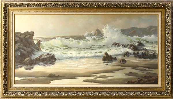 Painting, Robert Wee, Seascape: Framed oil on Masonite, California Seascape, by Robert Wee (Californian, b.1927), signed lower left, sight: 24''h x 48''w, overall: 32''h x 55''w