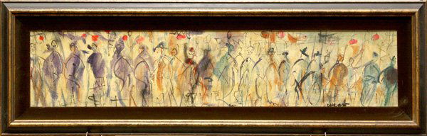 Painting, Pascal Cucaro, Figures: Framed mixed media on canvas, Figures in a Line, by Pascal Cucaro (Californian, 1915-2004), signed lower right, overall: 13.5''h x 41.25''w