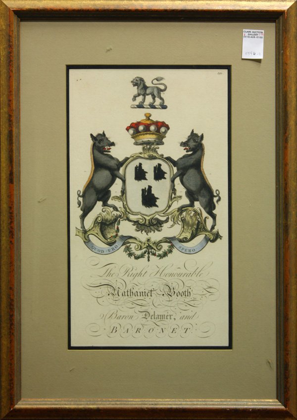 Prints, Coats of Arms: (lot of 2) Framed handcolored prints, ''The Right Honorable Marmaduke Langdale, Baron Langdale'' and ''The Right Honorable Nathaniel Booth, Baron Delamer and Baronet,'' both overall: 25.63''h x 18.125