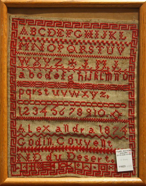Embroidered Samplers, 19th Century: (lot of 2) Framed samplers embroidered in red, alphabetized and numbered to number 10, circa 1874, (American) mother Marie Louise Godill and daughter Alexandra, both overall: 15''h x 12''w