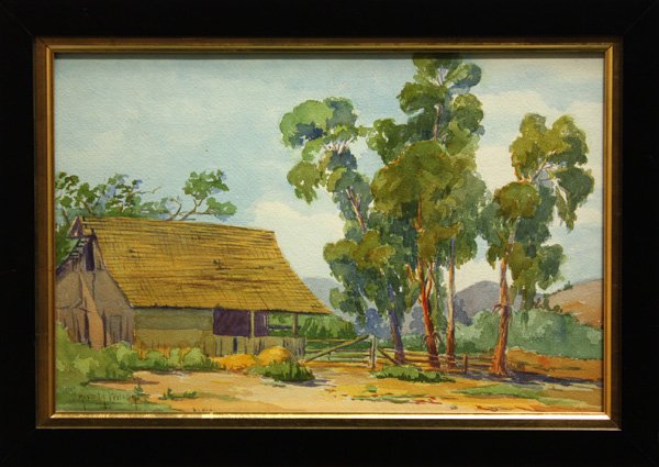watercolor, Nevada Wilson, Californian: Framed watercolor, Landscape with Barn, by Nevada Wilson (Californian, 1877-1961), signed lower left, overall: 14''h x 19.75''w
