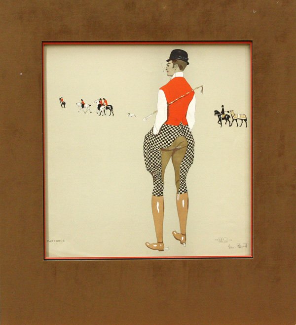 Pochoir print, ''Parforce,'' by Leo Rauth: Unframed Pochoir print, ''Parforce,'' by Leo Rauth, signed lower right