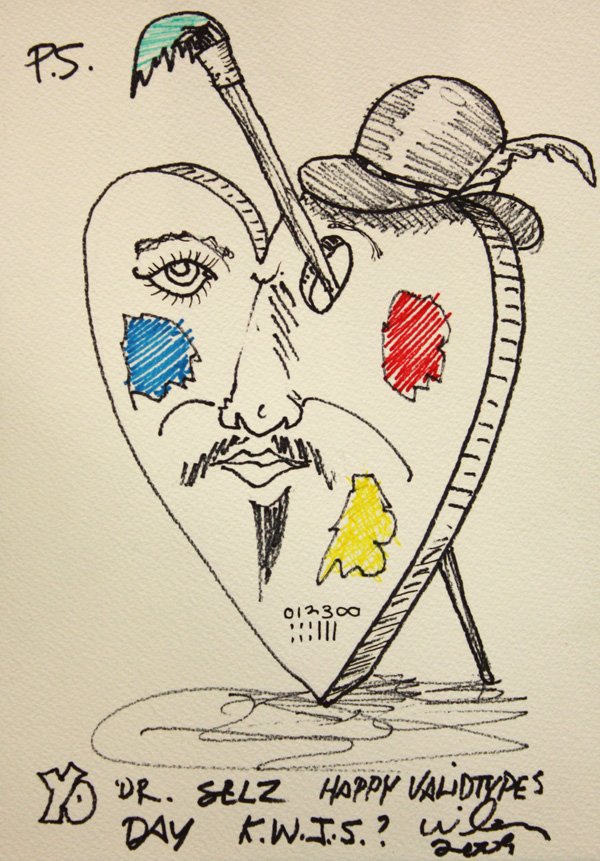 Drawing, William Wiley, Happy Validtypes Day: Unframed drawing, Happy Validtypes Day, by William T. Wiley (Californian, b.1941), signed lower right, inscribed verso, overall: 10 1/4''h x 7 1/8''