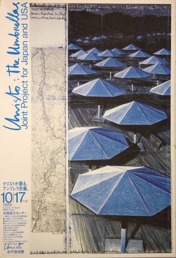 poster, Jean-Claude and Christo, Blue Umbrellas: Unframed poster, Blue Umbrellas, signed by Christo lower left, overall: 28.75''h x 20.5''w