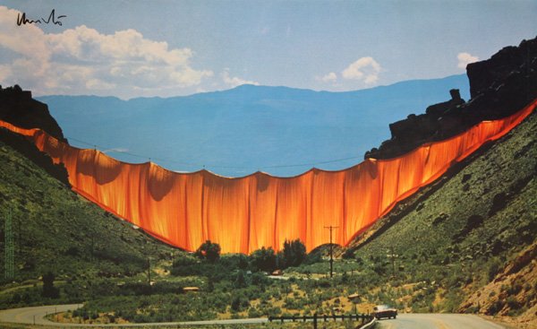 poster, Jean-Claude and Christo, The Point Neuf: (lot of 2) Unframed posters of the Point Neuf Wrapped and Valley Curtain, each signed by Christo, overall: 26.5''h x 26.75''w