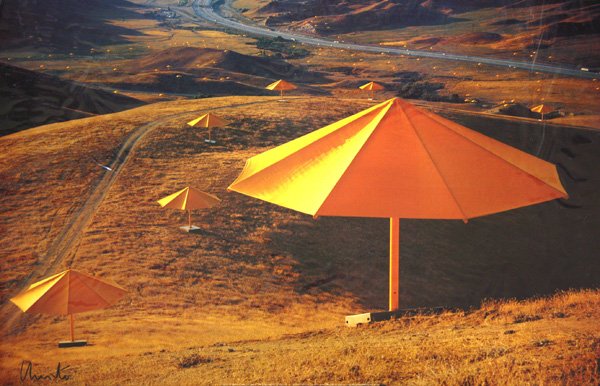 posters, Yellow Umbrellas, Jean-Claude and Christo: (lot of 2) Unframed posters, Yellow Umbrellas, one signed by Christo lower left, largest overall: 27.75''h x 34''w
