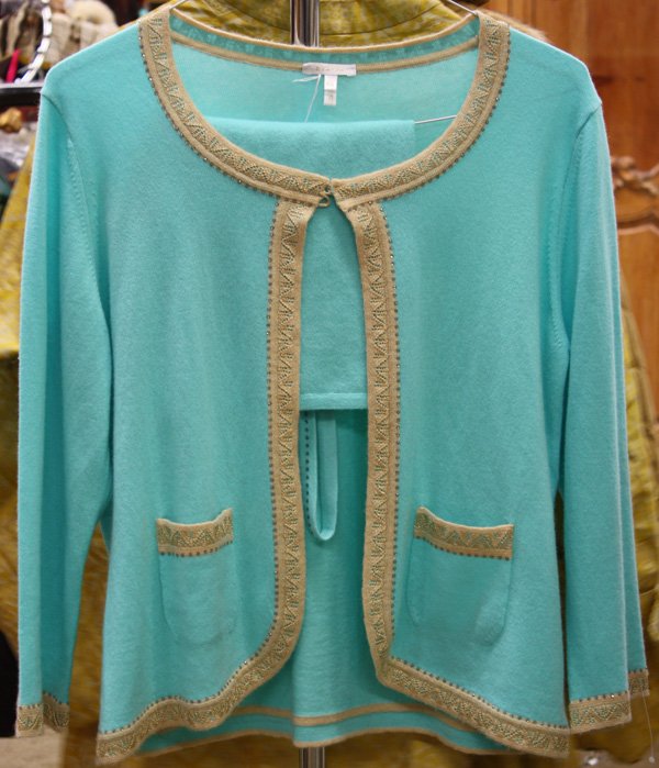Escada cardigan set: Escada turquoise kashmir cardigan set including thin strap top and jacket having metallic tan and rhine stone detailing and two front pockets