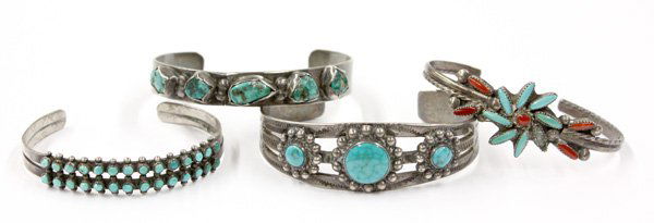 Native American Silver Turquoise Jewelry: (4) Collection of antique Native American silver and turquoise bangles including youth bangles