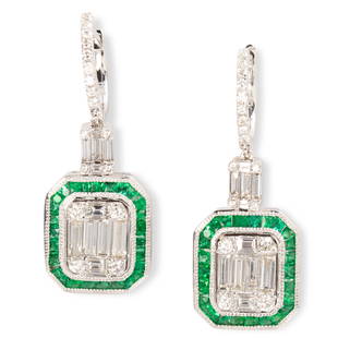 A pair of emerald, diamond and eighteen karat white: A pair of emerald, diamond and eighteen karat white gold earringsdesigned as step and round brilliant-cut diamond clusters, framed by a channel of calibré-cut emeralds, suspended by diamond